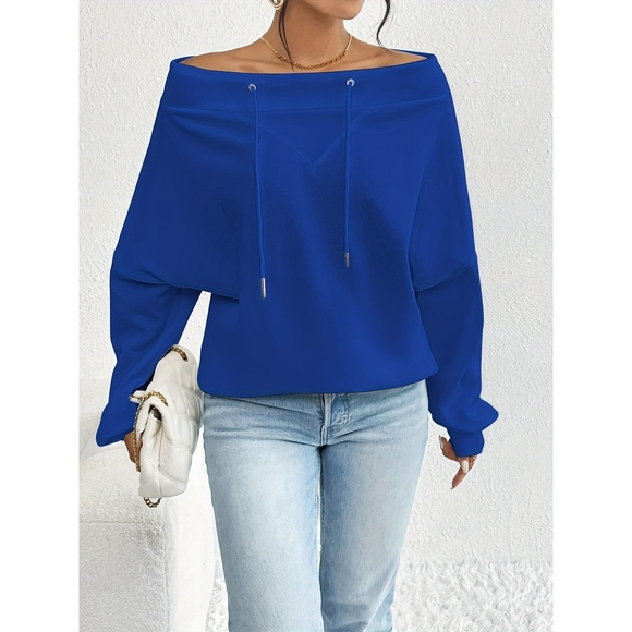 Elegant Style, Women's Casual Off-Shoulder Drawstring Sweatshirt - Chic Loose Fi - Picture 1 of 3